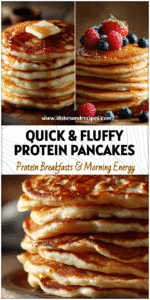 Stack of fluffy protein pancakes with milk and vanilla, showing how to make high protein pancakes without eggs.